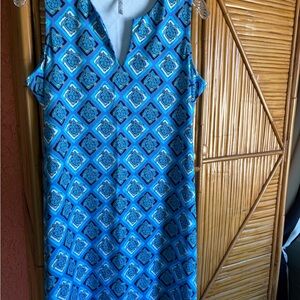 Lulu-B Blue and White Geometric tropical sea turtle dress, size M